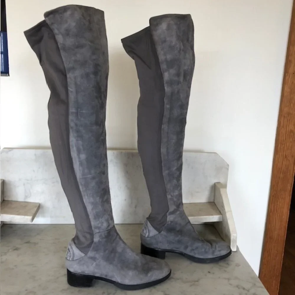 TORY BURCH Caitlin Over Knee Gray Elastic Stretch Suede Boot 6M